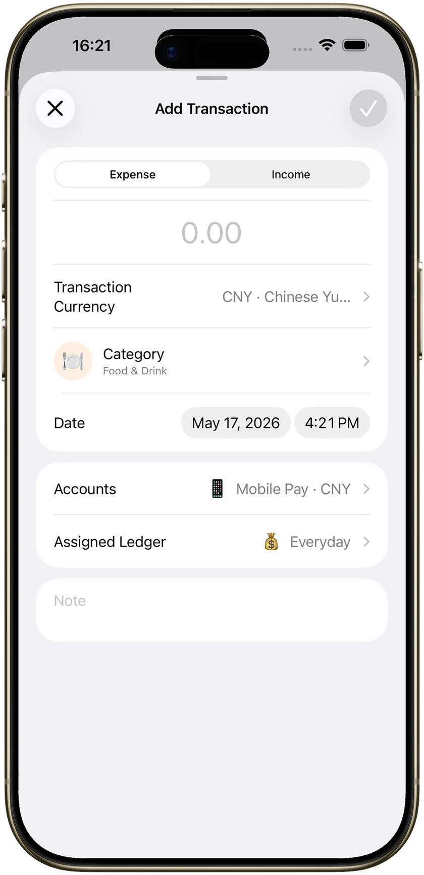 Expense tracker adding a transaction with amount, category, and account.