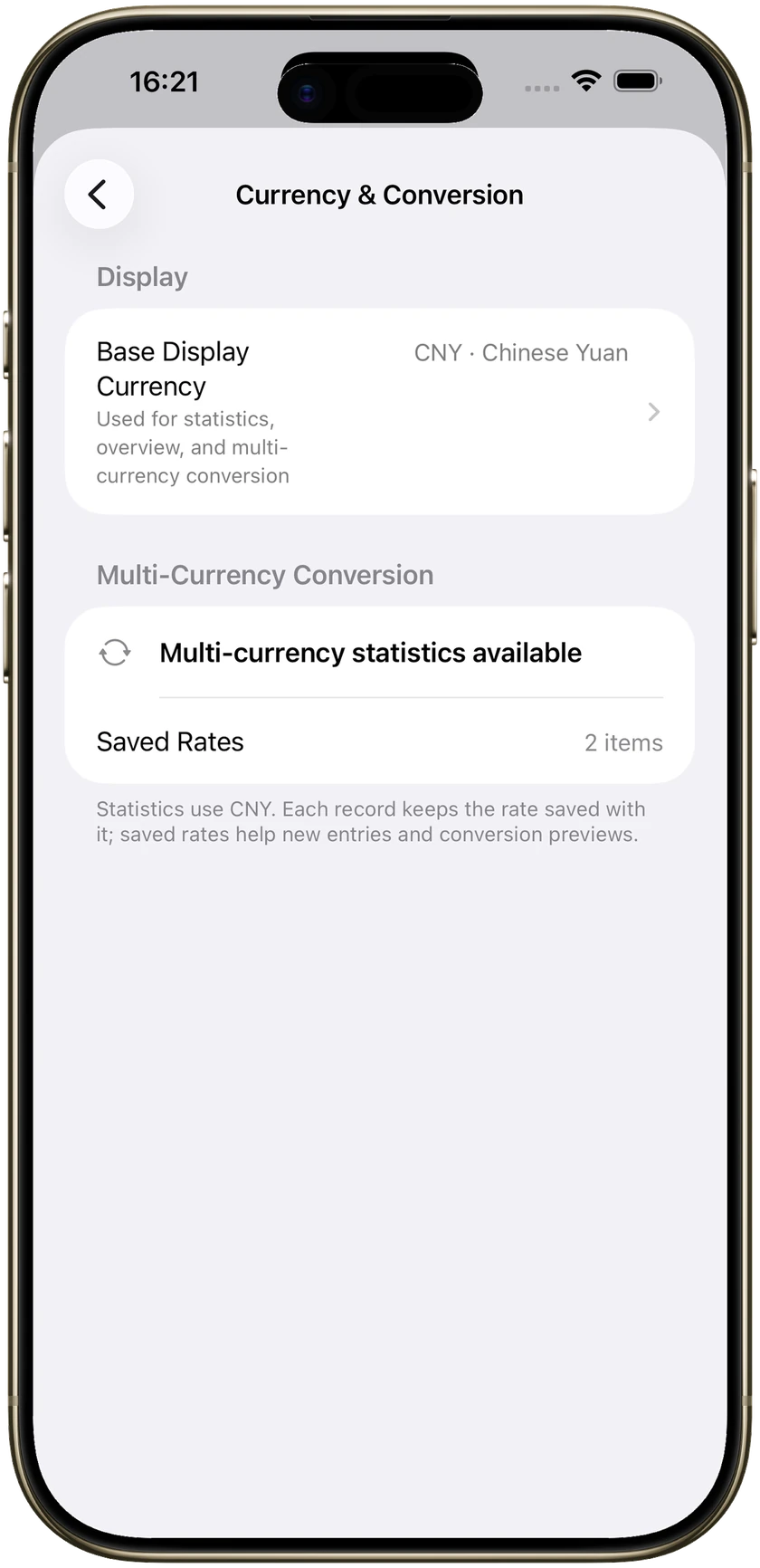 Multi-currency expense tracker settings with a CNY display currency.