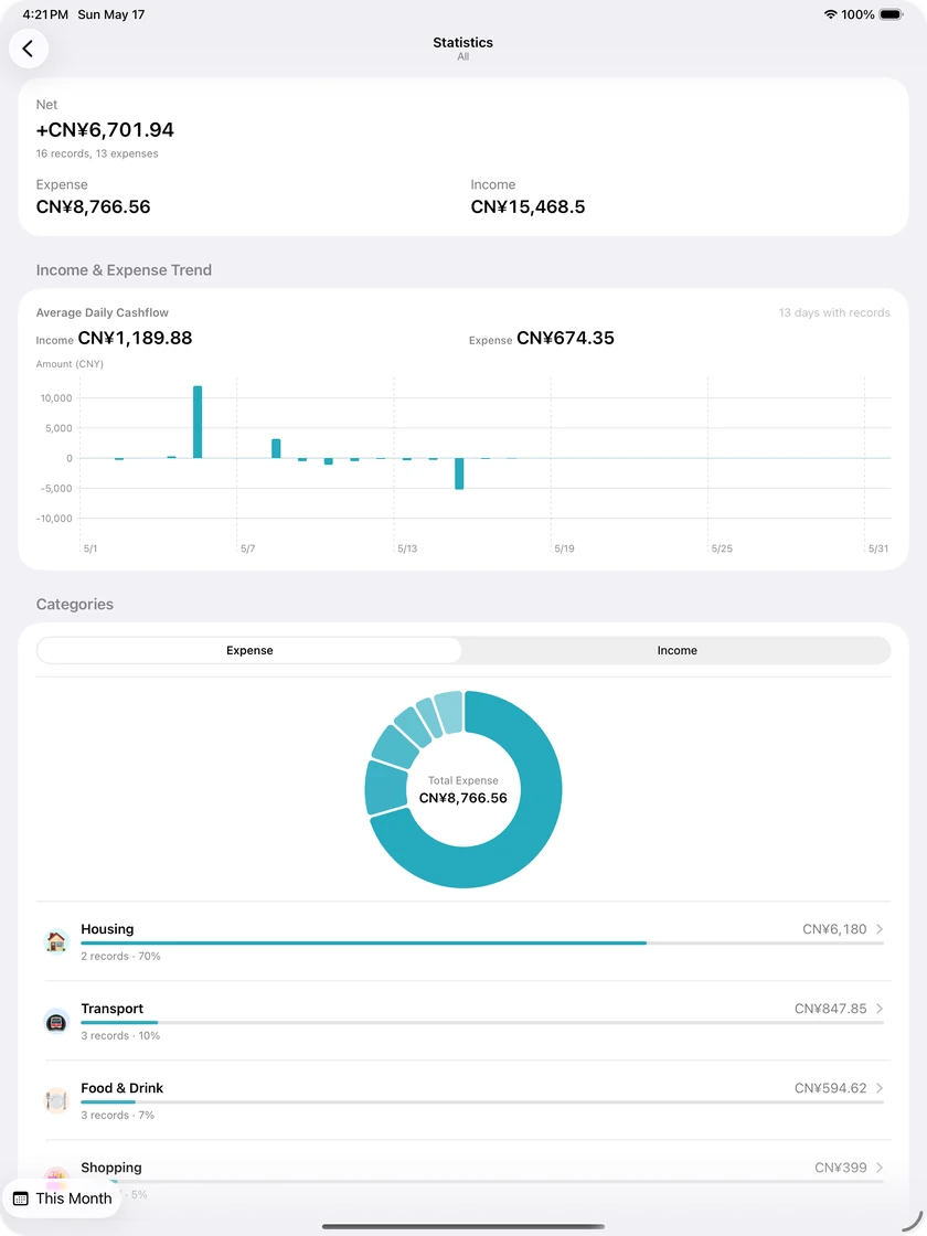 iPad expense tracker statistics with totals, trend, and categories.